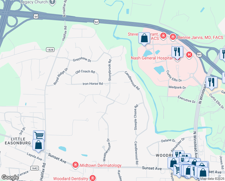 map of restaurants, bars, coffee shops, grocery stores, and more near 109 Stonybrook Rd in Rocky Mt