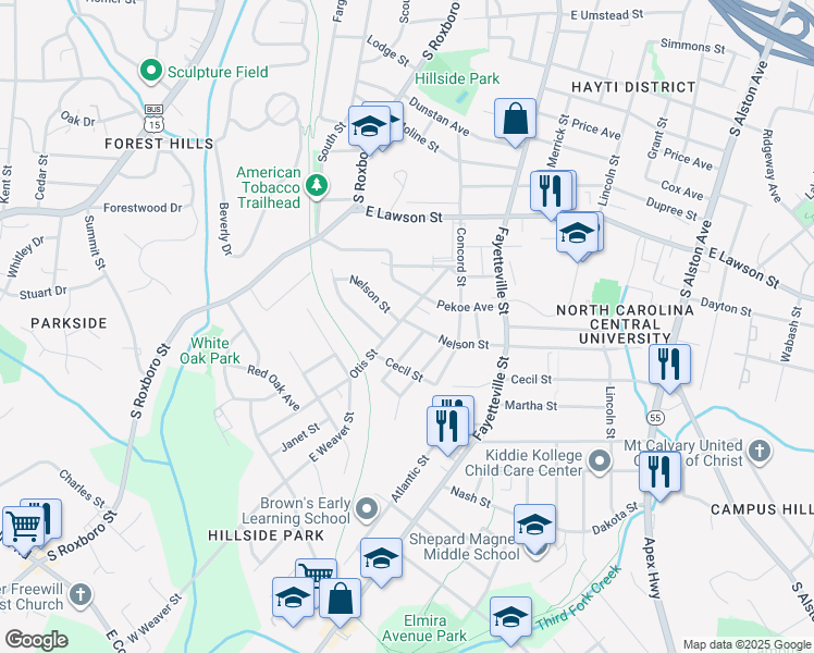 map of restaurants, bars, coffee shops, grocery stores, and more near 207 Nelson Street in Durham