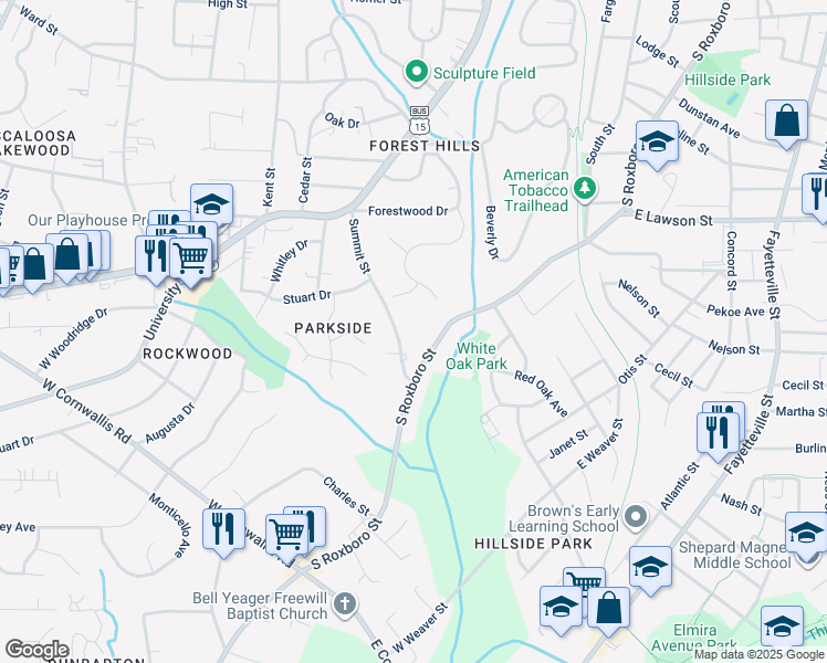 map of restaurants, bars, coffee shops, grocery stores, and more near 2223 Summit Street in Durham