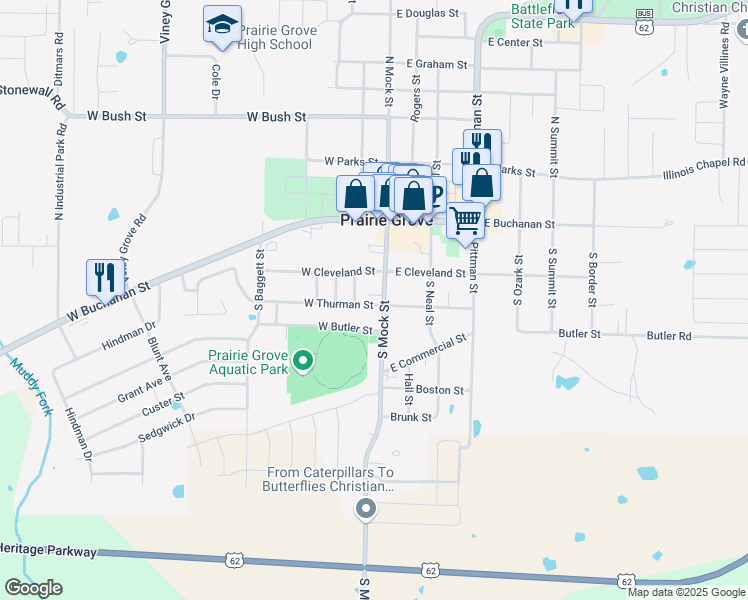map of restaurants, bars, coffee shops, grocery stores, and more near 110 West Thurman Street in Prairie Grove