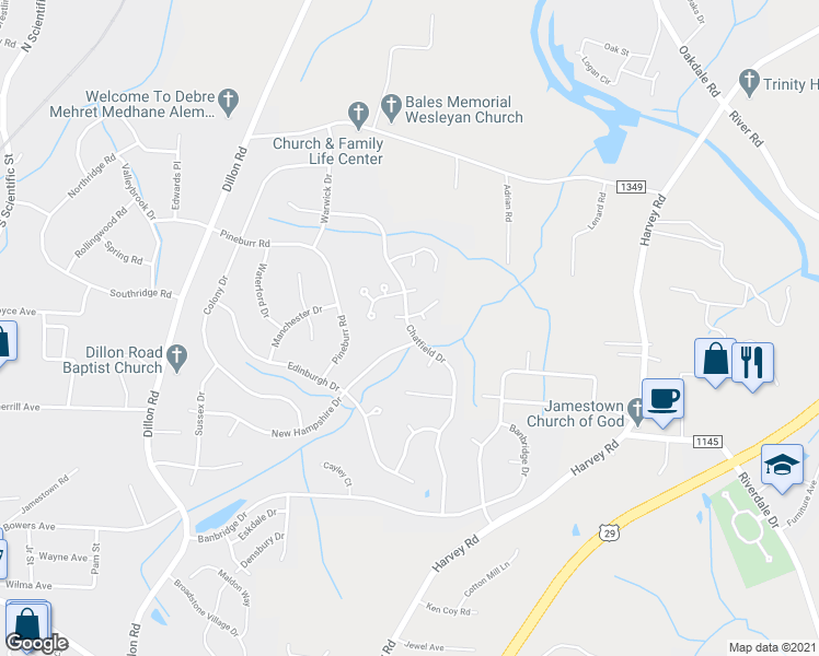 map of restaurants, bars, coffee shops, grocery stores, and more near 999 Chatfield Drive in Jamestown