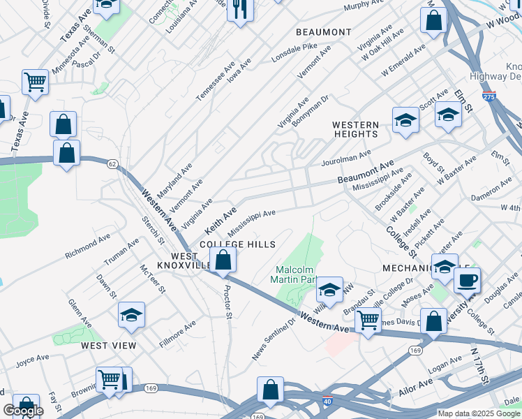map of restaurants, bars, coffee shops, grocery stores, and more near 1907 Mississippi Avenue in Knoxville