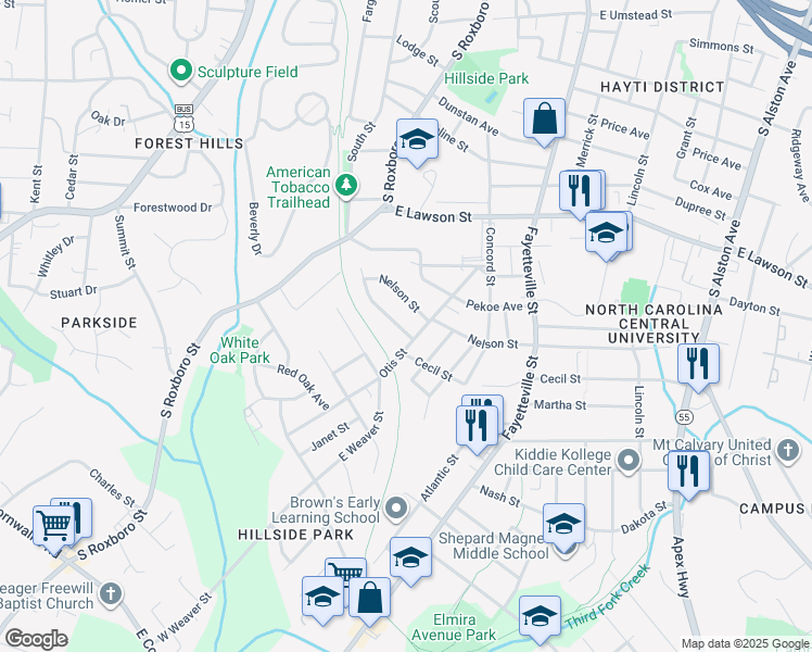 map of restaurants, bars, coffee shops, grocery stores, and more near 1927 Cecil Street in Durham