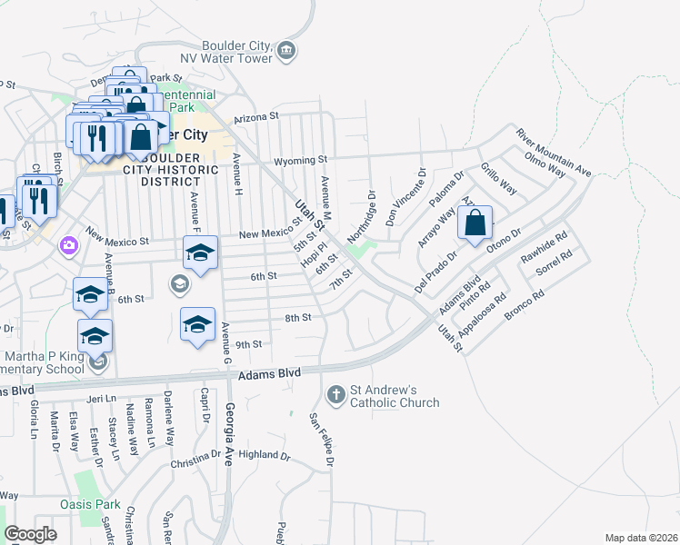 map of restaurants, bars, coffee shops, grocery stores, and more near 516 7th Street in Boulder City