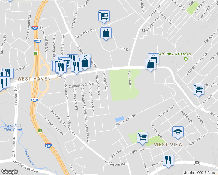 map of restaurants, bars, coffee shops, grocery stores, and more near 2706 Waverly Street in Knoxville