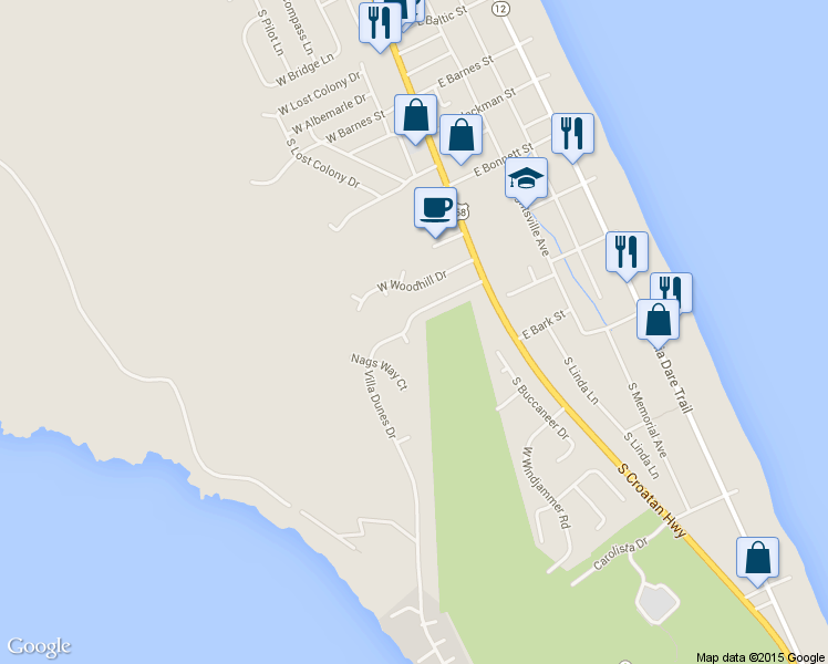 map of restaurants, bars, coffee shops, grocery stores, and more near 213 Outlook Court in Nags Head