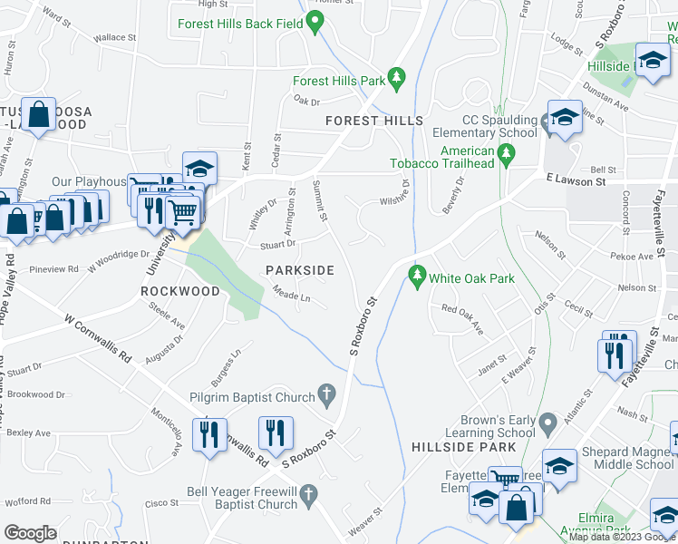 map of restaurants, bars, coffee shops, grocery stores, and more near 2220 Summit Street in Durham