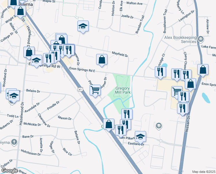 map of restaurants, bars, coffee shops, grocery stores, and more near 111 Joyner Drive in Smyrna