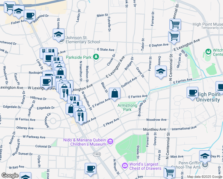 map of restaurants, bars, coffee shops, grocery stores, and more near 511 Guilford Avenue in High Point