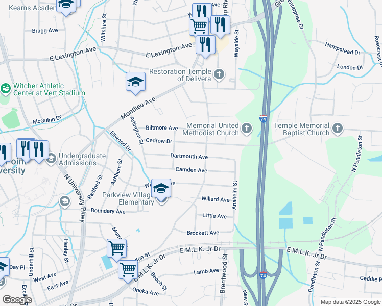 map of restaurants, bars, coffee shops, grocery stores, and more near 1215 Dartmouth Avenue in High Point