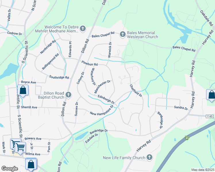 map of restaurants, bars, coffee shops, grocery stores, and more near 3106 Manchester Court in Jamestown