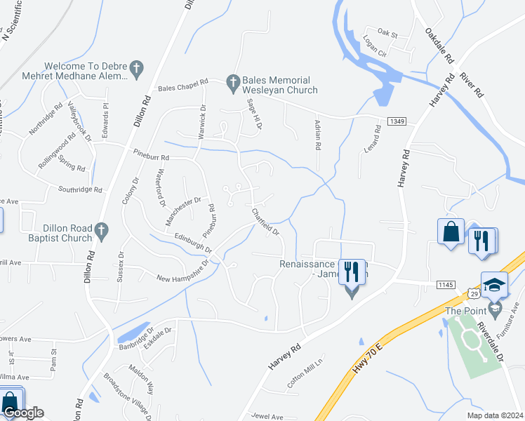 map of restaurants, bars, coffee shops, grocery stores, and more near 1403 Rosebay Court in Jamestown