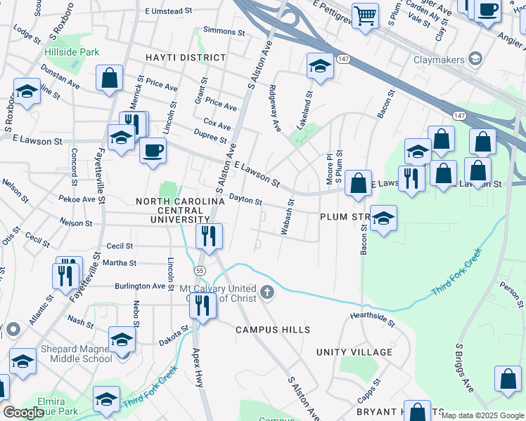 map of restaurants, bars, coffee shops, grocery stores, and more near 1405 Lakeland Street in Durham