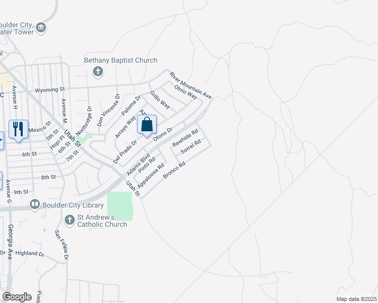 map of restaurants, bars, coffee shops, grocery stores, and more near 1444 Sorrel Road in Boulder City