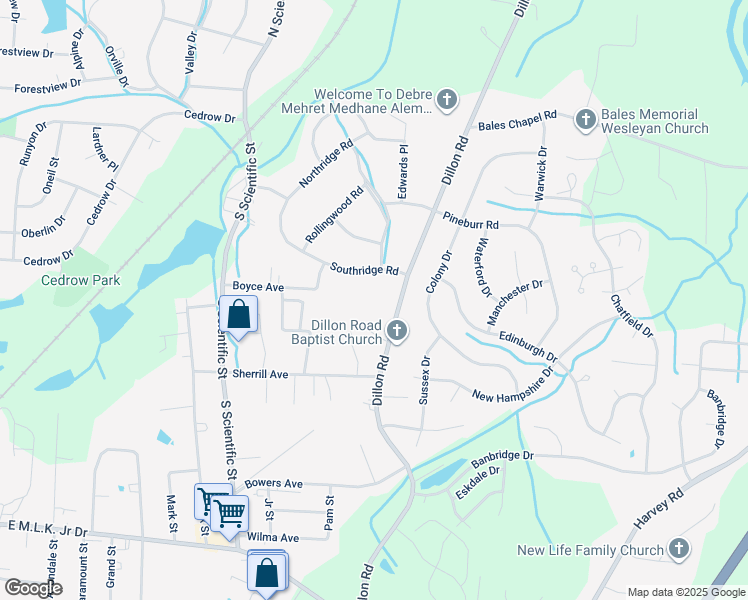 map of restaurants, bars, coffee shops, grocery stores, and more near 3151 Dillon Road in Jamestown