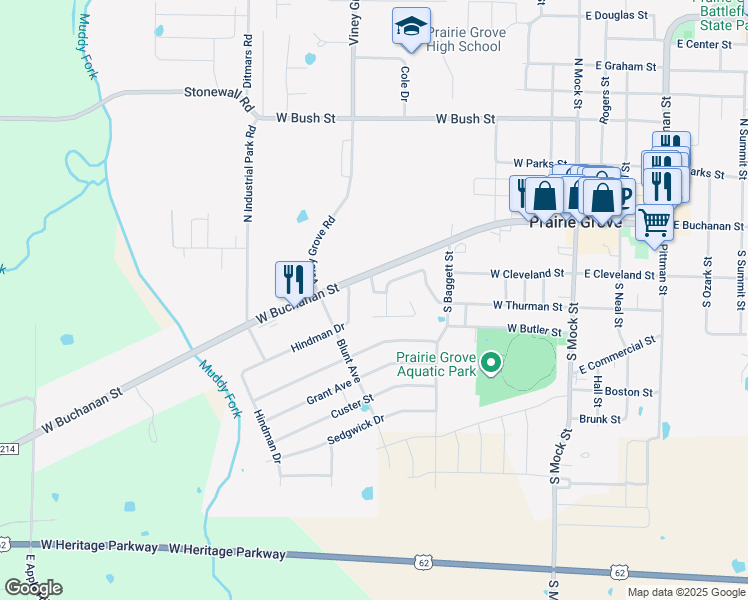 map of restaurants, bars, coffee shops, grocery stores, and more near 108 Cypress Street in Prairie Grove