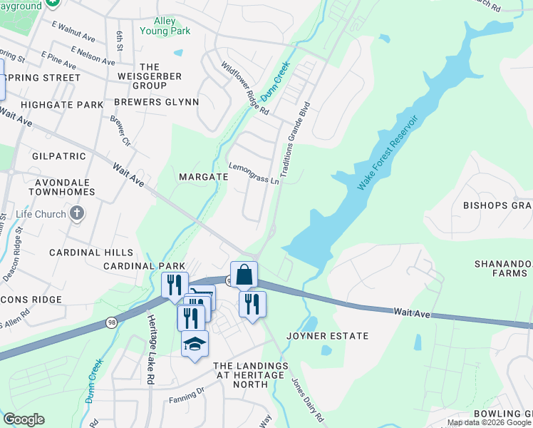 map of restaurants, bars, coffee shops, grocery stores, and more near 1012 Lemongrass Lane in Wake Forest