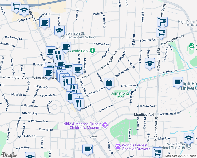 map of restaurants, bars, coffee shops, grocery stores, and more near 1109 Blain Street in High Point
