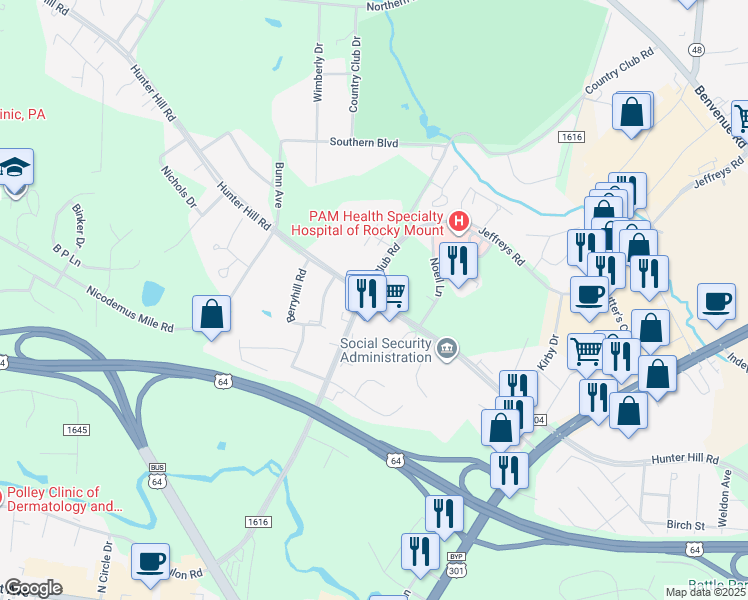 map of restaurants, bars, coffee shops, grocery stores, and more near 1441 Hunter Hill Road in Rocky Mount