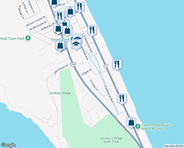map of restaurants, bars, coffee shops, grocery stores, and more near 3306 South Wrightsville Avenue in Nags Head