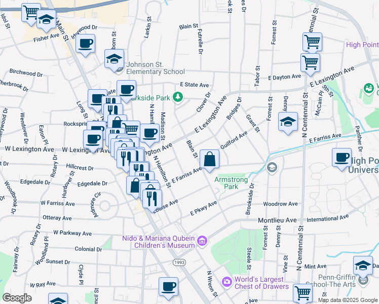 map of restaurants, bars, coffee shops, grocery stores, and more near 1109 Blain St in High Point