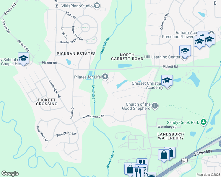 map of restaurants, bars, coffee shops, grocery stores, and more near 3501 Pickett Road in Durham