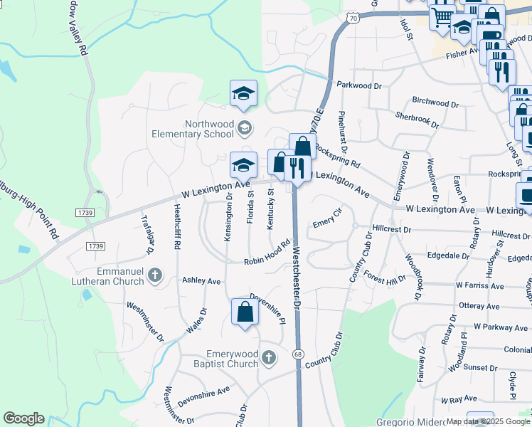 map of restaurants, bars, coffee shops, grocery stores, and more near 1313 Kentucky Street in High Point
