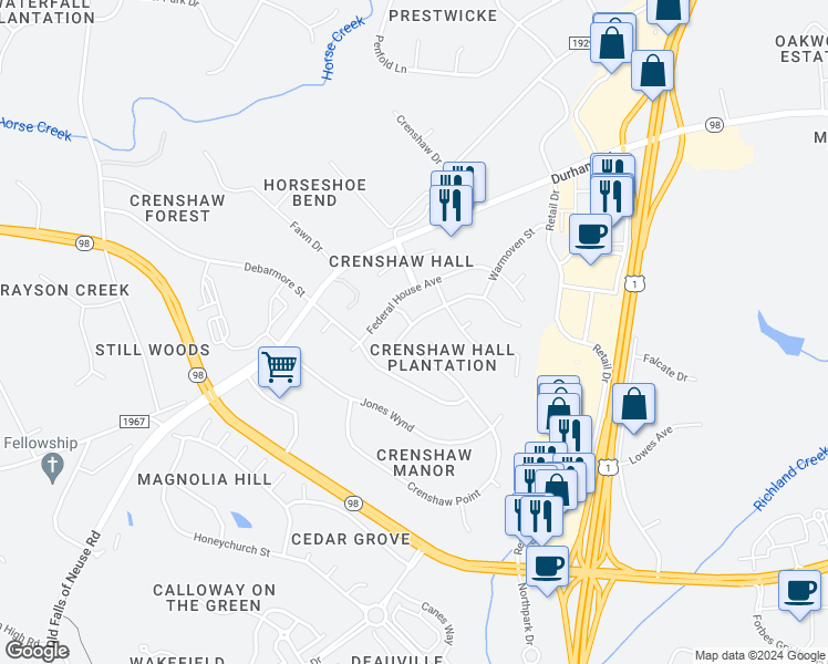 map of restaurants, bars, coffee shops, grocery stores, and more near 1013 Clatter Avenue in Wake Forest