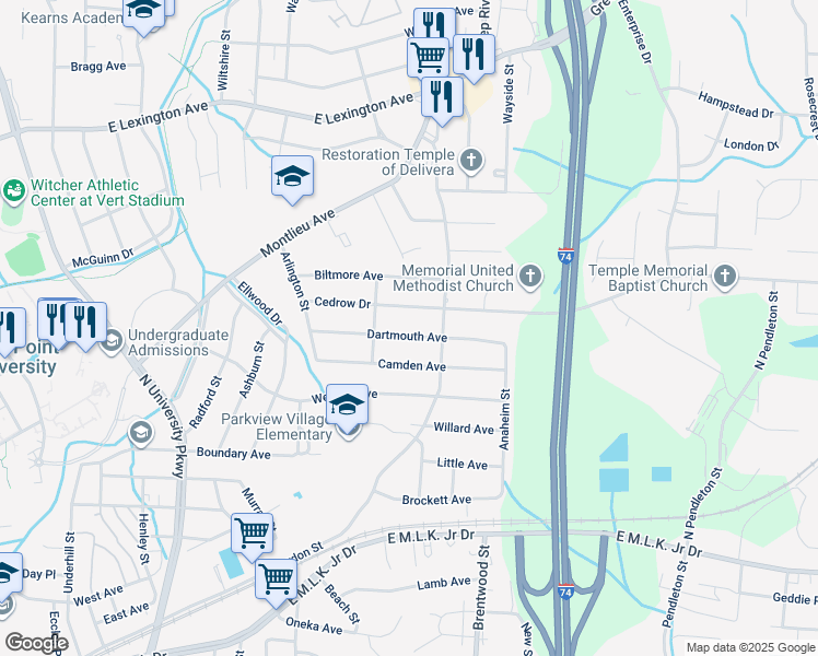 map of restaurants, bars, coffee shops, grocery stores, and more near 1215 Dartmouth Avenue in High Point