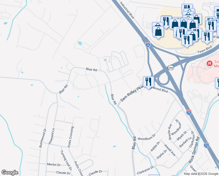 map of restaurants, bars, coffee shops, grocery stores, and more near 293-363 Blair Rd in Smyrna