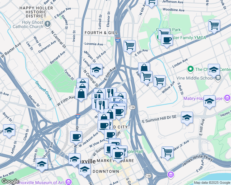 map of restaurants, bars, coffee shops, grocery stores, and more near 200 East Magnolia Avenue in Knoxville
