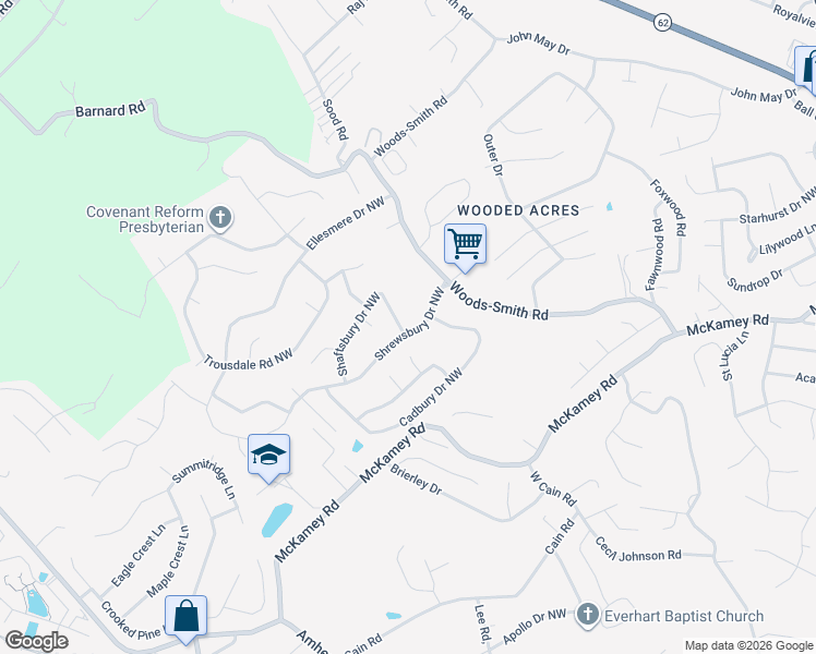 map of restaurants, bars, coffee shops, grocery stores, and more near 6307 Shrewsbury Drive Northwest in Knoxville