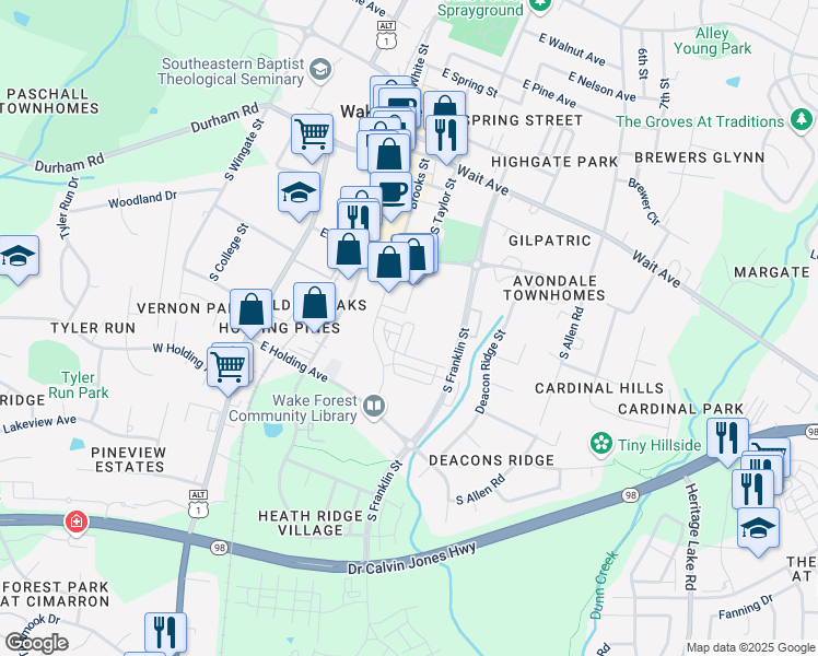 map of restaurants, bars, coffee shops, grocery stores, and more near 453 Rally Point Place in Wake Forest