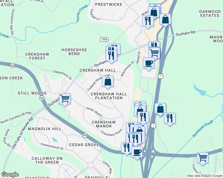 map of restaurants, bars, coffee shops, grocery stores, and more near 1001 Dairy House Court in Wake Forest