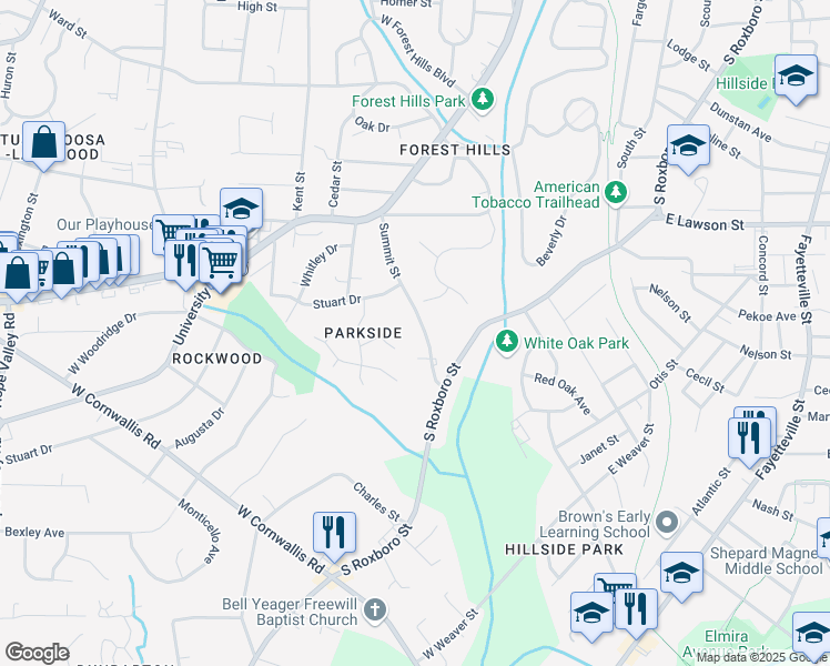 map of restaurants, bars, coffee shops, grocery stores, and more near 2220 Summit Street in Durham