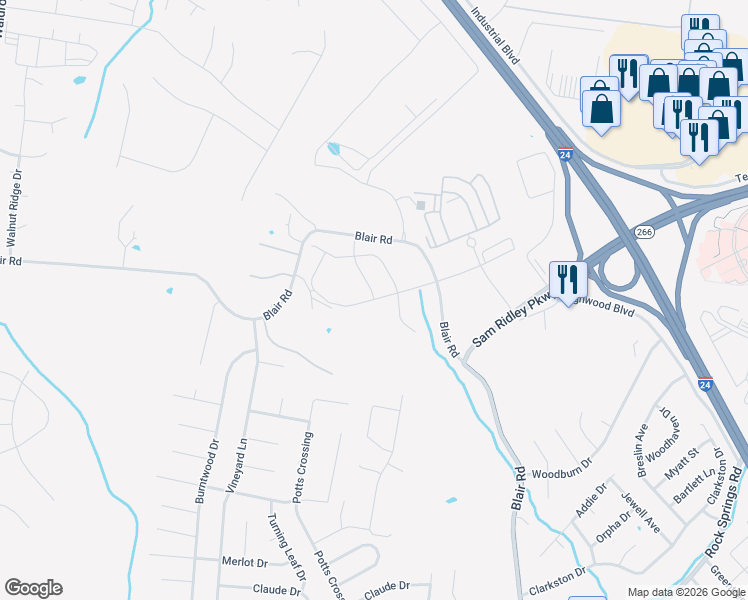 map of restaurants, bars, coffee shops, grocery stores, and more near 330 Blair Road in La Vergne