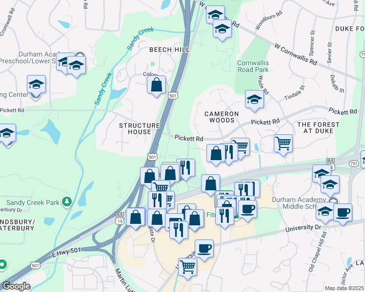 map of restaurants, bars, coffee shops, grocery stores, and more near 3004 Tower Boulevard in Durham