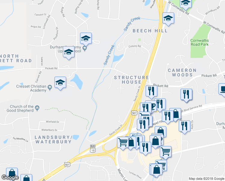 map of restaurants, bars, coffee shops, grocery stores, and more near 3311 Coachman's Way in Durham