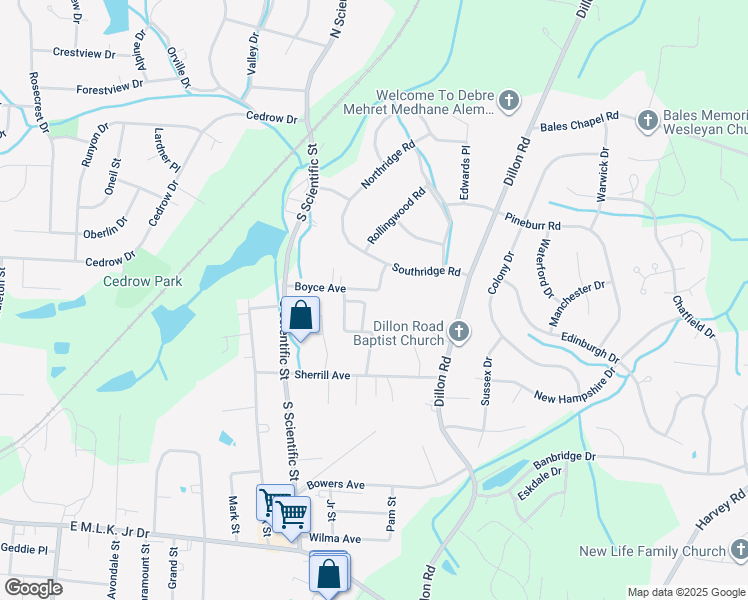 map of restaurants, bars, coffee shops, grocery stores, and more near 417 Amberly Drive in Jamestown