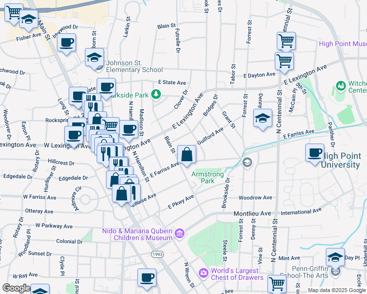 map of restaurants, bars, coffee shops, grocery stores, and more near 511 Guilford Avenue in High Point