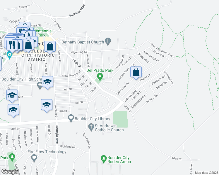map of restaurants, bars, coffee shops, grocery stores, and more near 1110 Endora Way in Boulder City