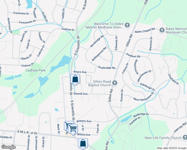 map of restaurants, bars, coffee shops, grocery stores, and more near 417 Amberly Drive in Jamestown
