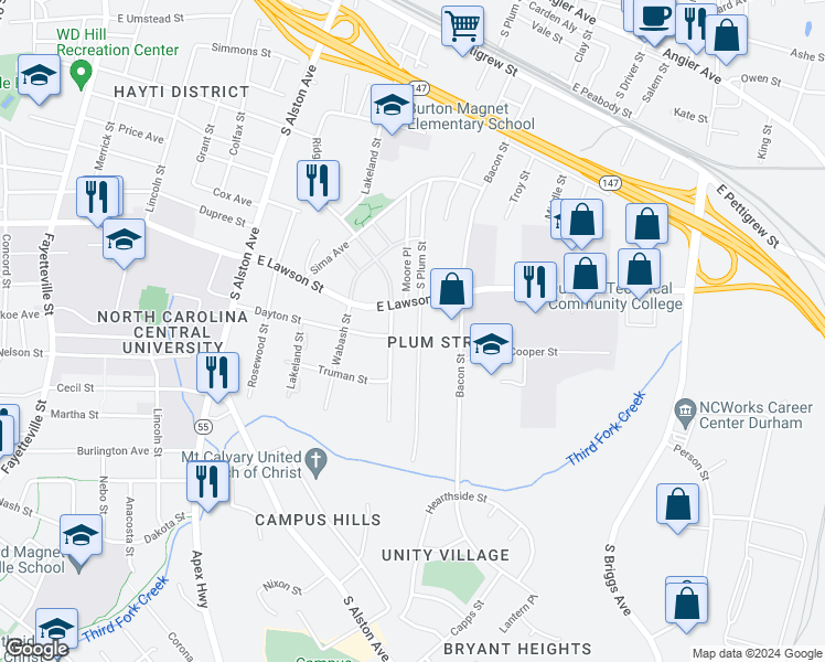map of restaurants, bars, coffee shops, grocery stores, and more near 912 South Plum Street in Durham