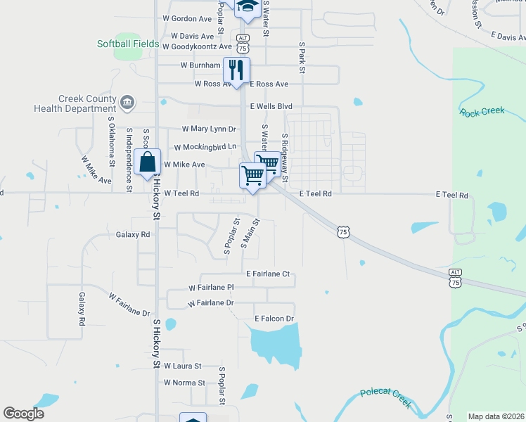 map of restaurants, bars, coffee shops, grocery stores, and more near 2129 S Main St in Sapulpa