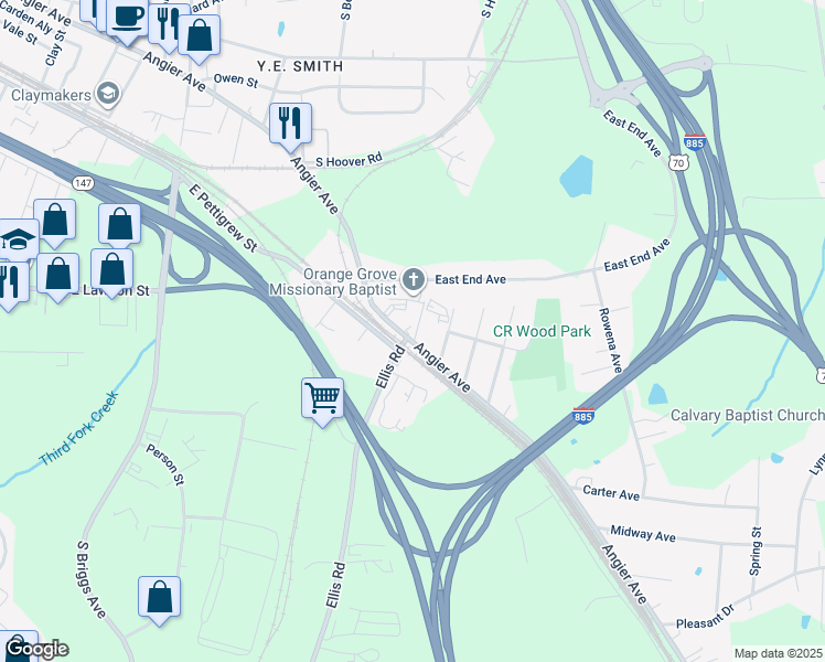 map of restaurants, bars, coffee shops, grocery stores, and more near 2929 Angier Avenue in Durham
