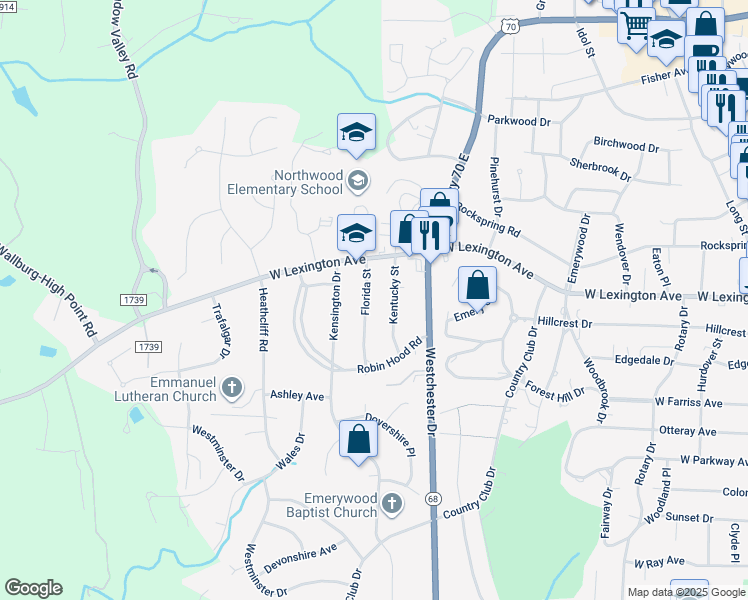map of restaurants, bars, coffee shops, grocery stores, and more near 1318 Florida Street in High Point