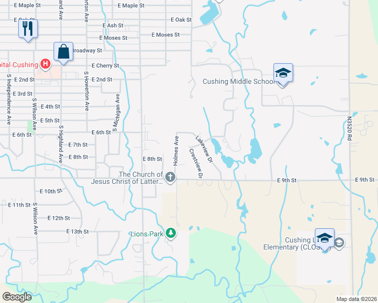 map of restaurants, bars, coffee shops, grocery stores, and more near 803 Crestview Drive in Cushing