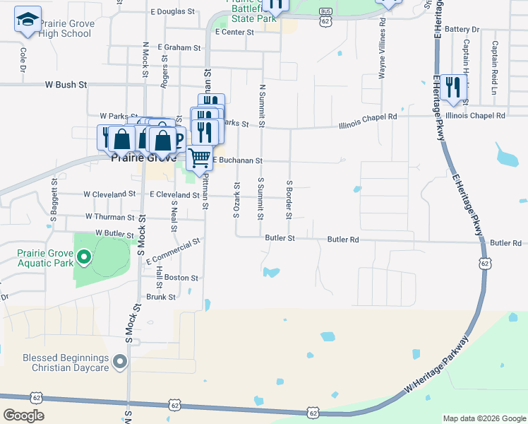 map of restaurants, bars, coffee shops, grocery stores, and more near 209 South Summit Street in Prairie Grove