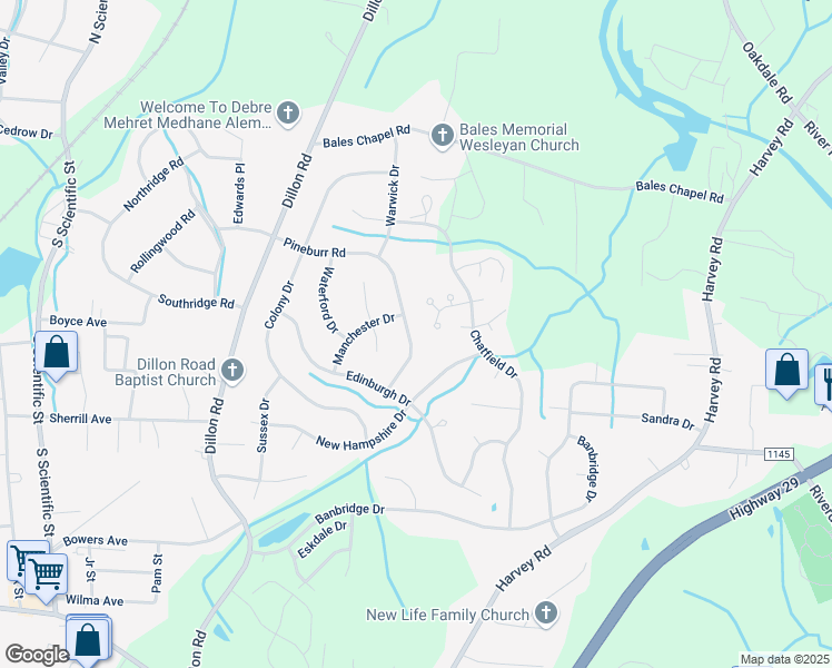 map of restaurants, bars, coffee shops, grocery stores, and more near 1005 Pineburr Road in Jamestown