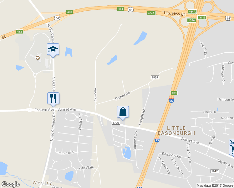 map of restaurants, bars, coffee shops, grocery stores, and more near 4528 Dozier Road in Rocky Mount
